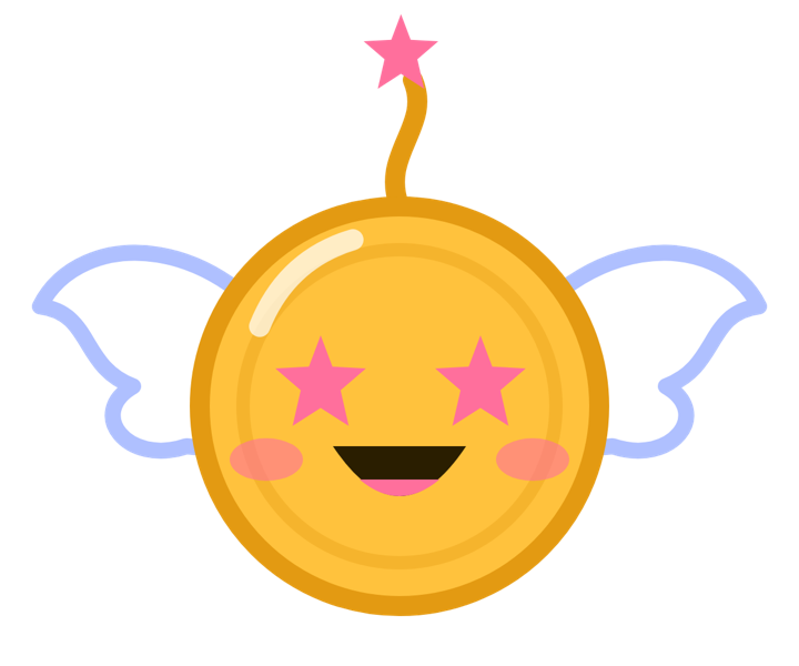 Pennii, a smiling gold coin with angel wings and star eyes
